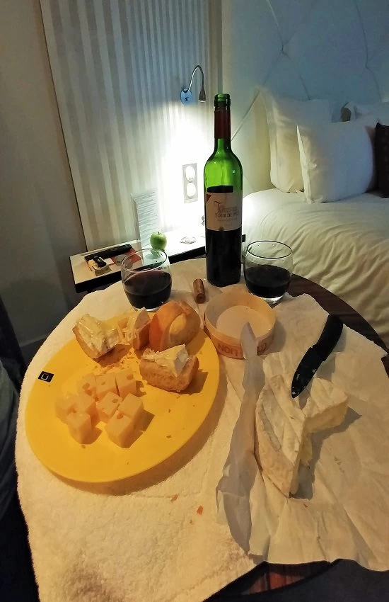 Wine, cheese, and bread in Paris