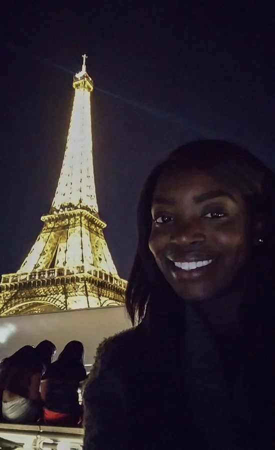 Shylo on a night boat ride on the seine in Paris