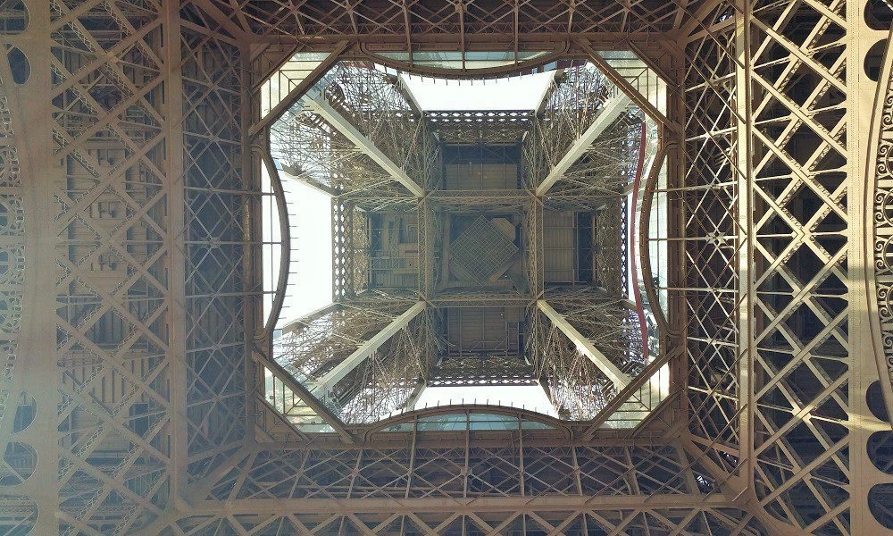 Standing directly under the Eiffel tower in Paris
