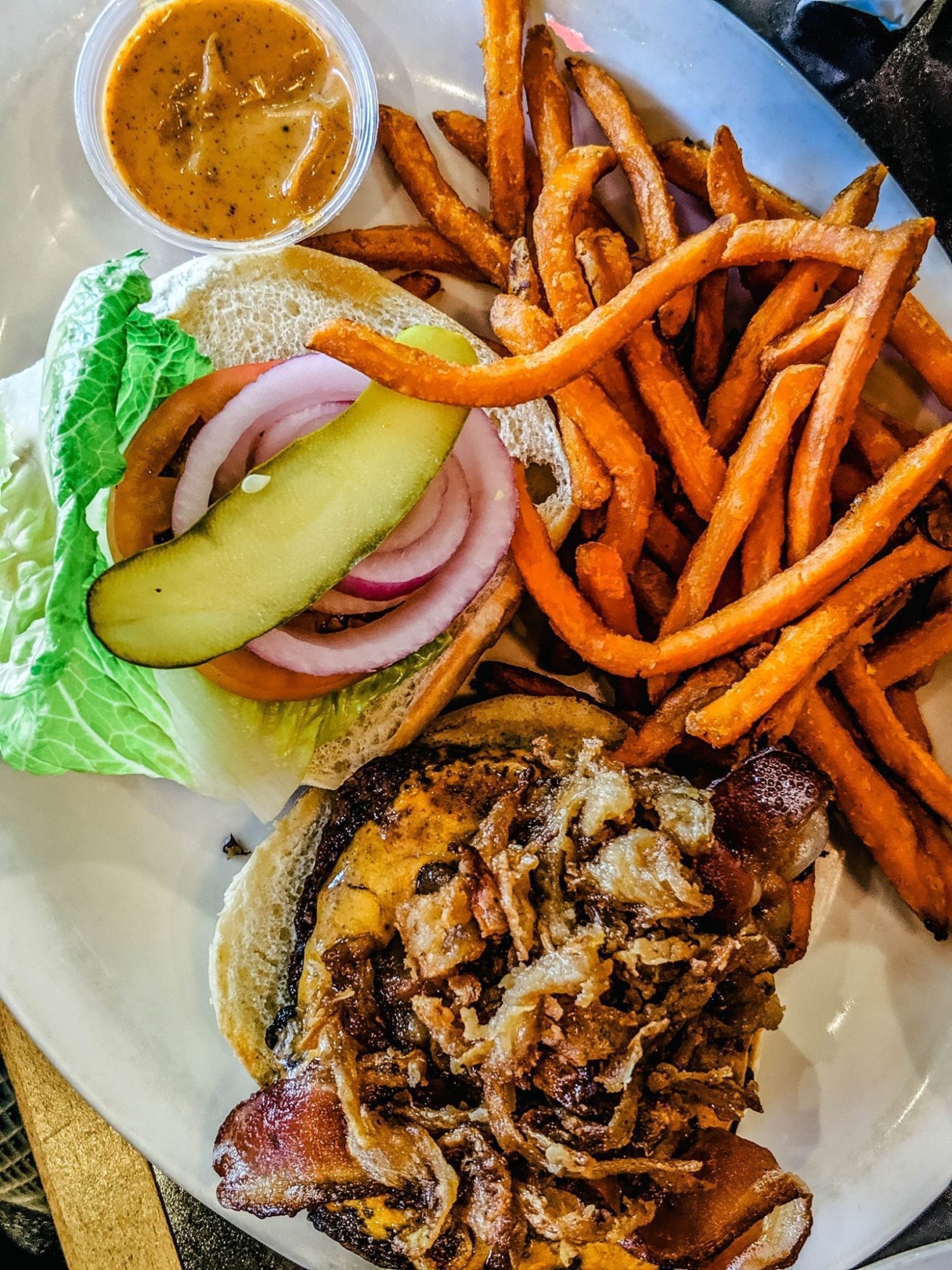 Delicious burger and fries at the Red Onion Restaurant in Caledon