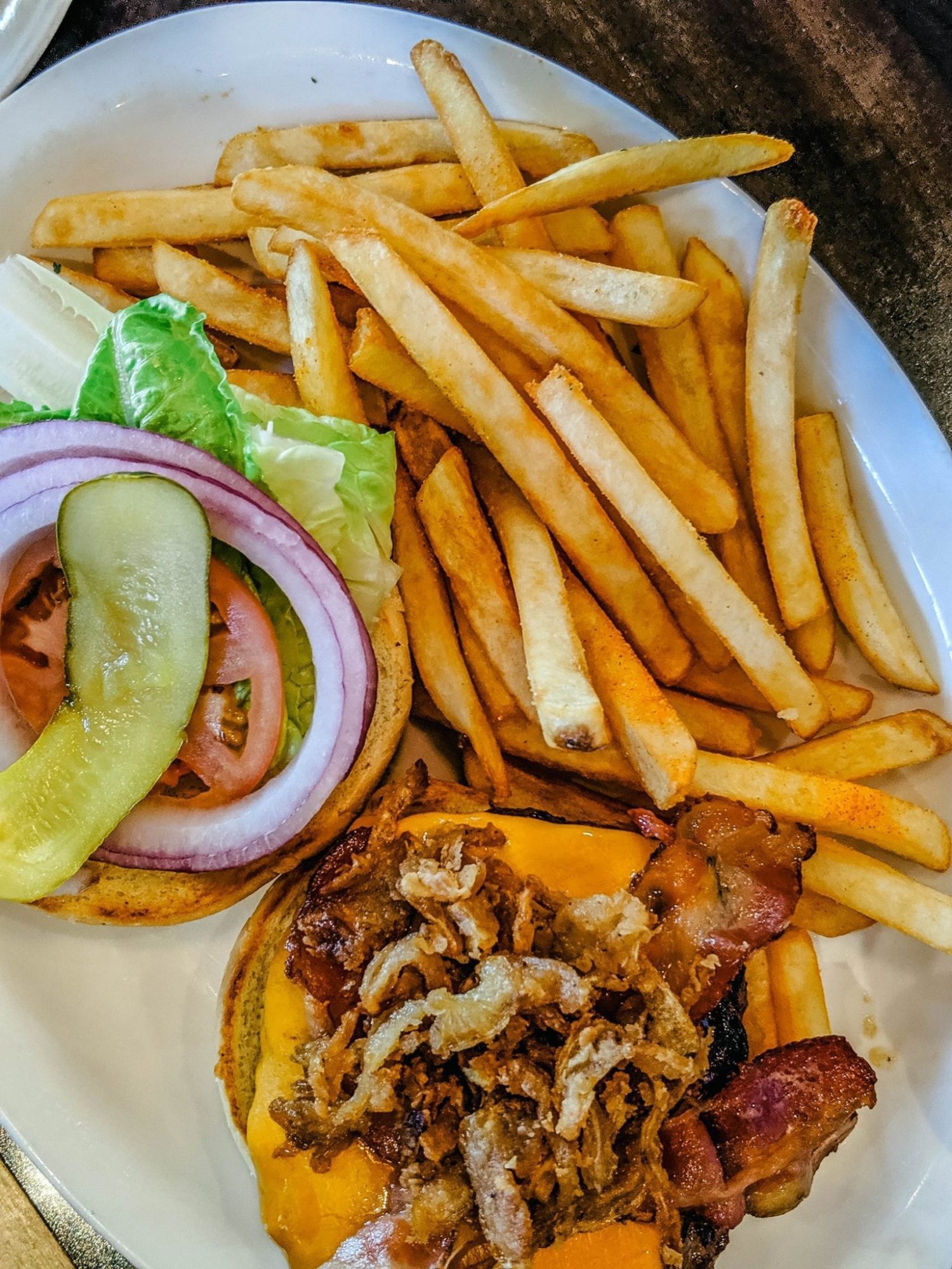 Delicious burger and fries at the Red Onion Restaurant in Caledon