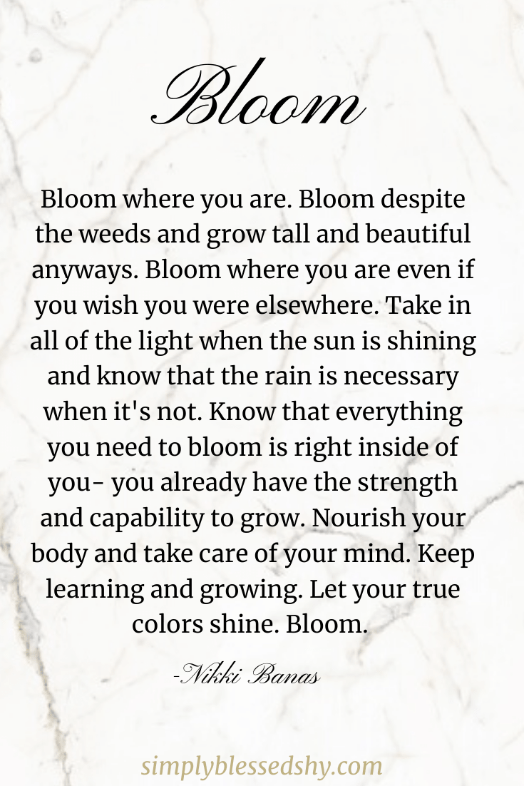 Bloom where you are. Bloom despite the weeds and grow tall and beautiful anyways. Bloom where you are even if you wish you were elsewhere. Take in all of the light when the sun is shining and know that the rain is necessary when it's not. Know that everything you need to bloom is right inside of you- you already have the strength and capability to grow. Nourish your body and take care of your mind. Keep learning and growing. Let your true colors shine. Bloom