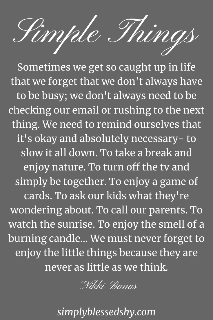 Sometimes we get so caught up in life that we forget that we don't always have to be busy; we don't always need to be checking our email or rushing to the next thing. We need to remind ourselves that it's okay and absolutely necessary- to slow it all down. To take a break and enjoy nature. To turn off the tv and simply be together. To enjoy a game of cards. To ask our kids what they're wondering about. To call our parents. To watch the sunrise. To enjoy the smell of a burning candle... We must never forget to enjoy the little things because they are never as little as we think.