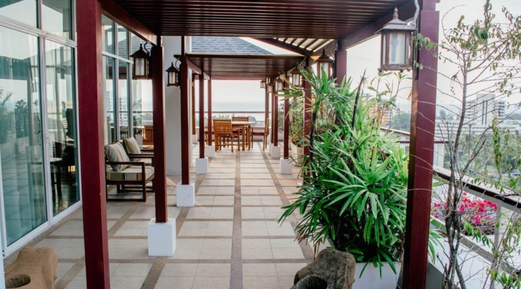The view of the terrace from the pool in Phuket