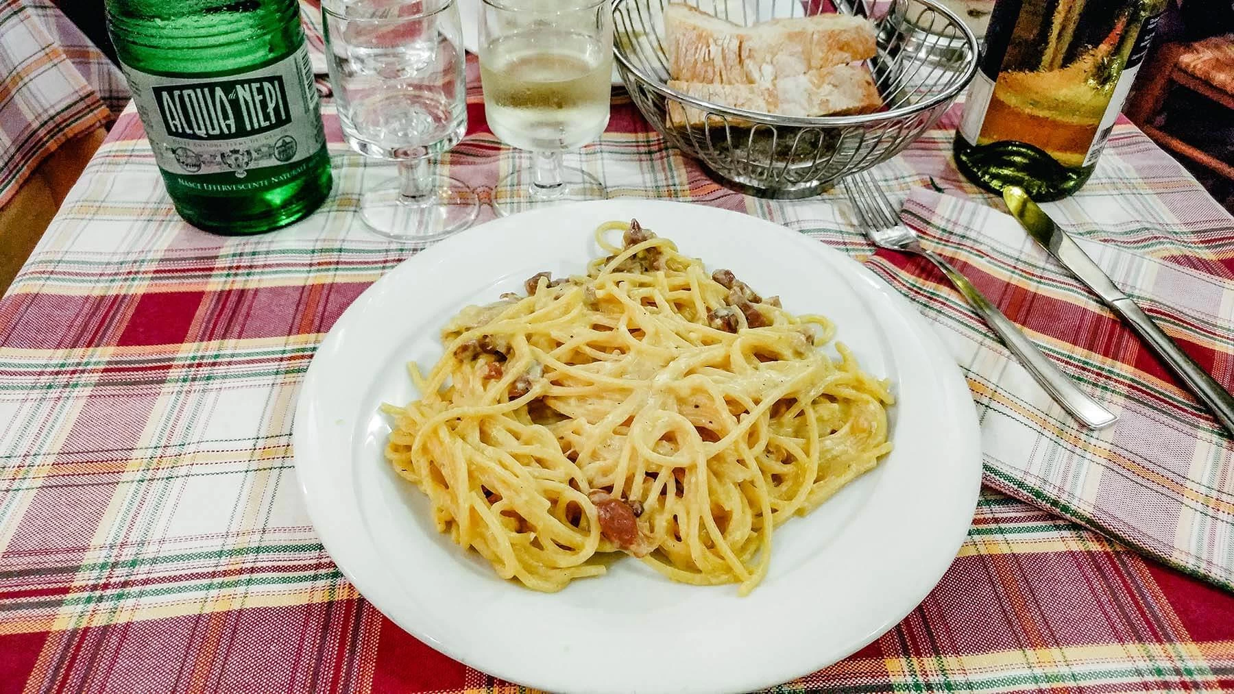 Carbonara pasta at an authentic mom and pop Italian restuarant